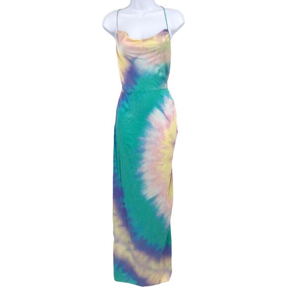 Retrofete Marelene Tie Dye Gown Dress L Cowl Neck Sleeveless Side Slit Maxi Silk - Picture 3 of 11